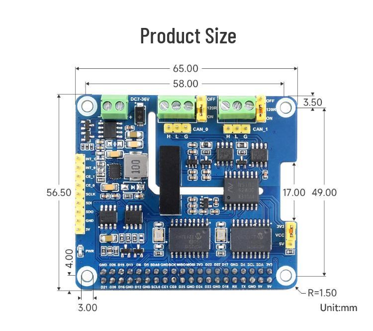 Raspberry Pi 5 Stackable 2-Channel CAN Bus Expansion Board with Isolated Wide Voltage, HAT+ Compatible