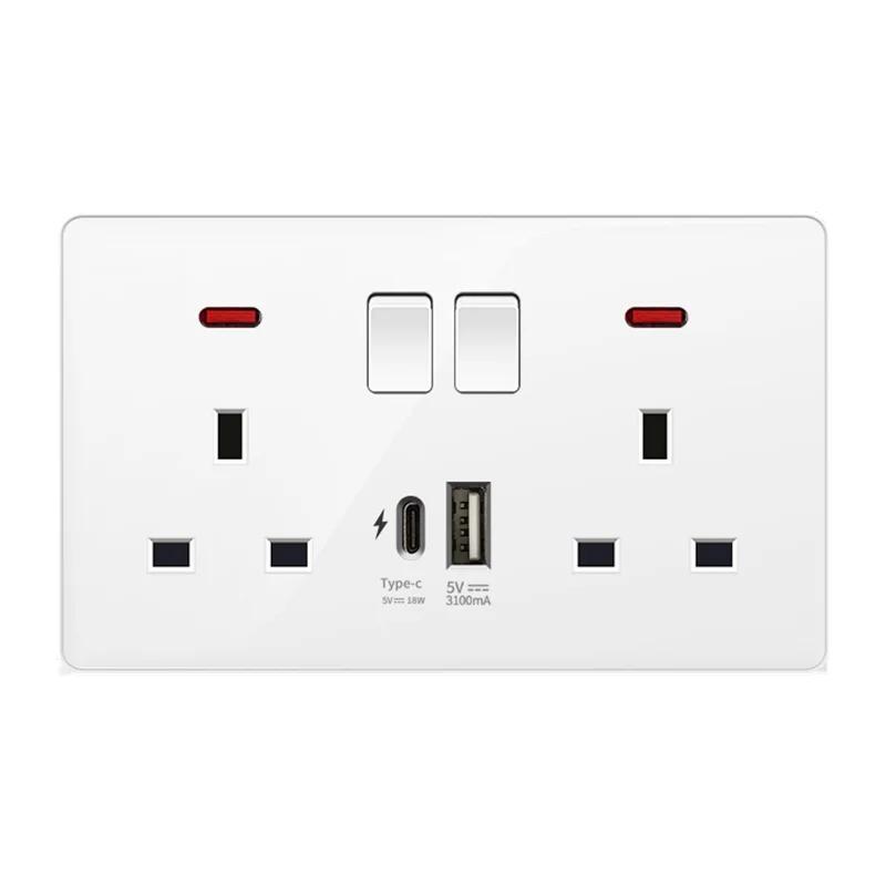 White UK Plug 13A with USB Panel UK Socket Panel, International Universal USB Mobile Phone Charging Socket, with LED Light