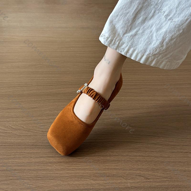 Fashion Comemore Spring Autumn Flat Single Shoes Suede Solid Square Head Mary Jane Shoe Rhinestone Buckle Temperament Flats Mocasines