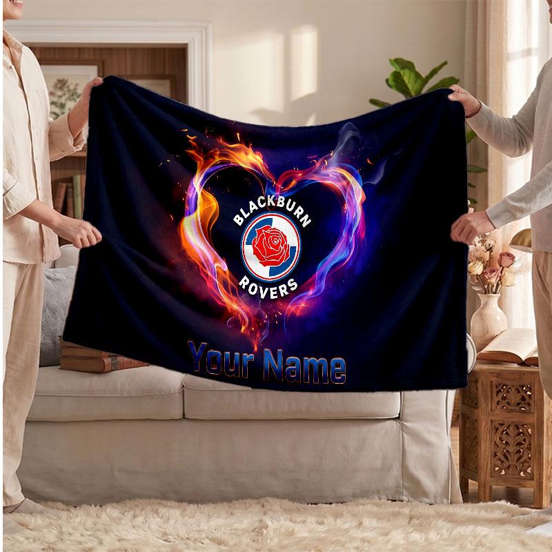 Blackburn Rovers FC Personalized Fleece Blanket With Football Logo, Custom Name Text Soft Warm Home Throw Blanket