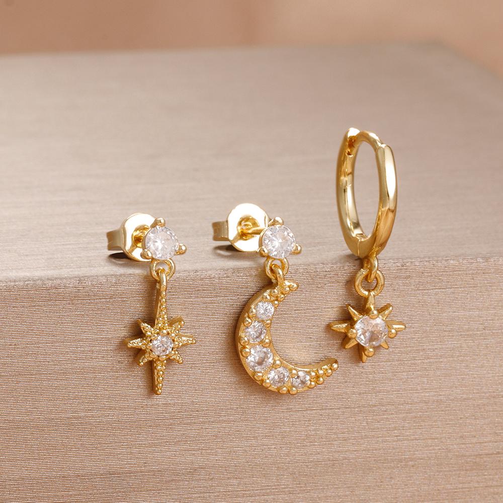 3 Pieces Stainless Steel Hoop Earrings Set For Women Crystal Zircon Huggie Flower Water Drop Trendy Earring Piercing Jewelry