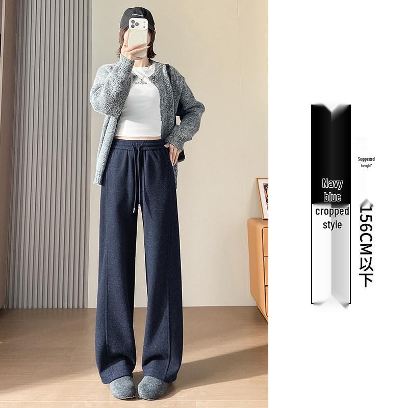 Women's High-Waisted Woolen Wide-Leg Pants - Plus Velvet Thickened, Loose, Casual, Autumn/Winter, Slimming, Straight-Leg Sweatpants