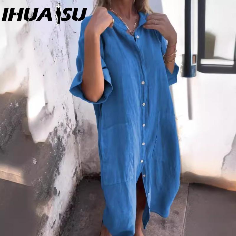 IHUASU Women's Fashion Summer Spring Solid Color Print POLO Neck High Waist Casual Dresses