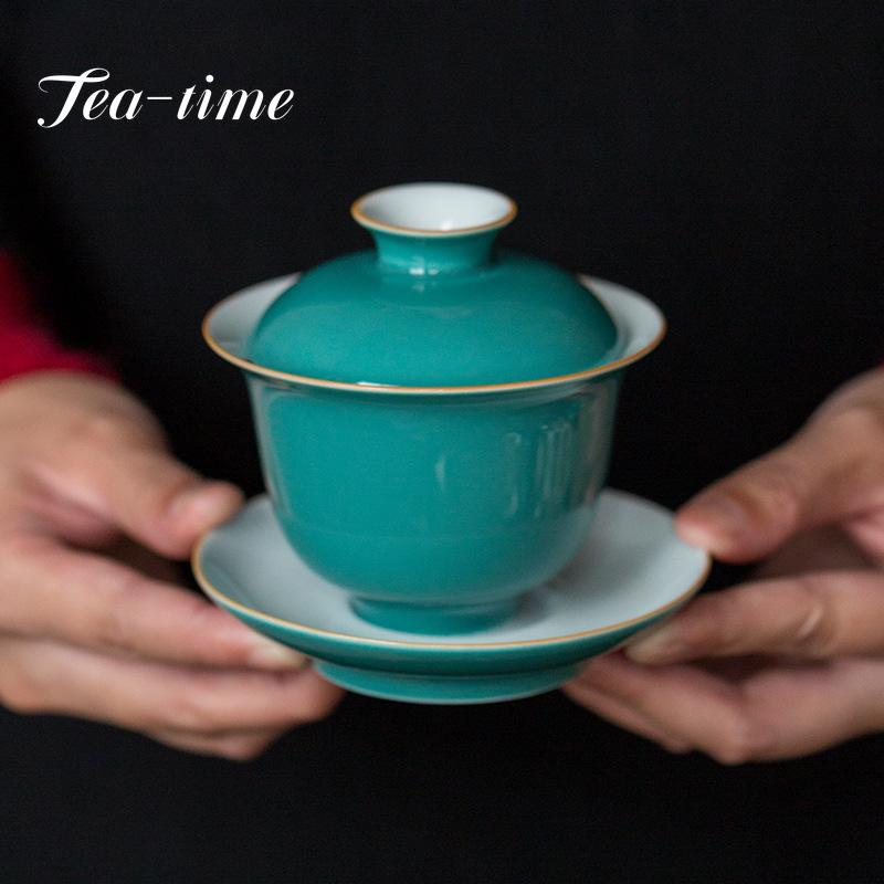 160ml Handmade Turquoise Green Glaze Tea Tureen Jingdezhen Ceramic Large Hand Grab Bow with Lid Tea Maker Gaiwan Kung Fu Tea Set