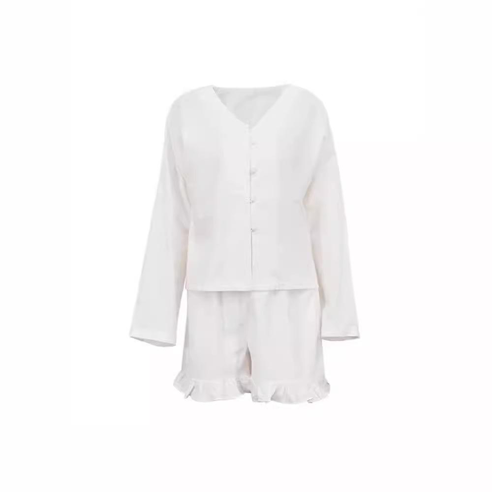 Costum de vară 2024 cu pantaloni scurți din bumbac și in cu volane - Set casual din două piese