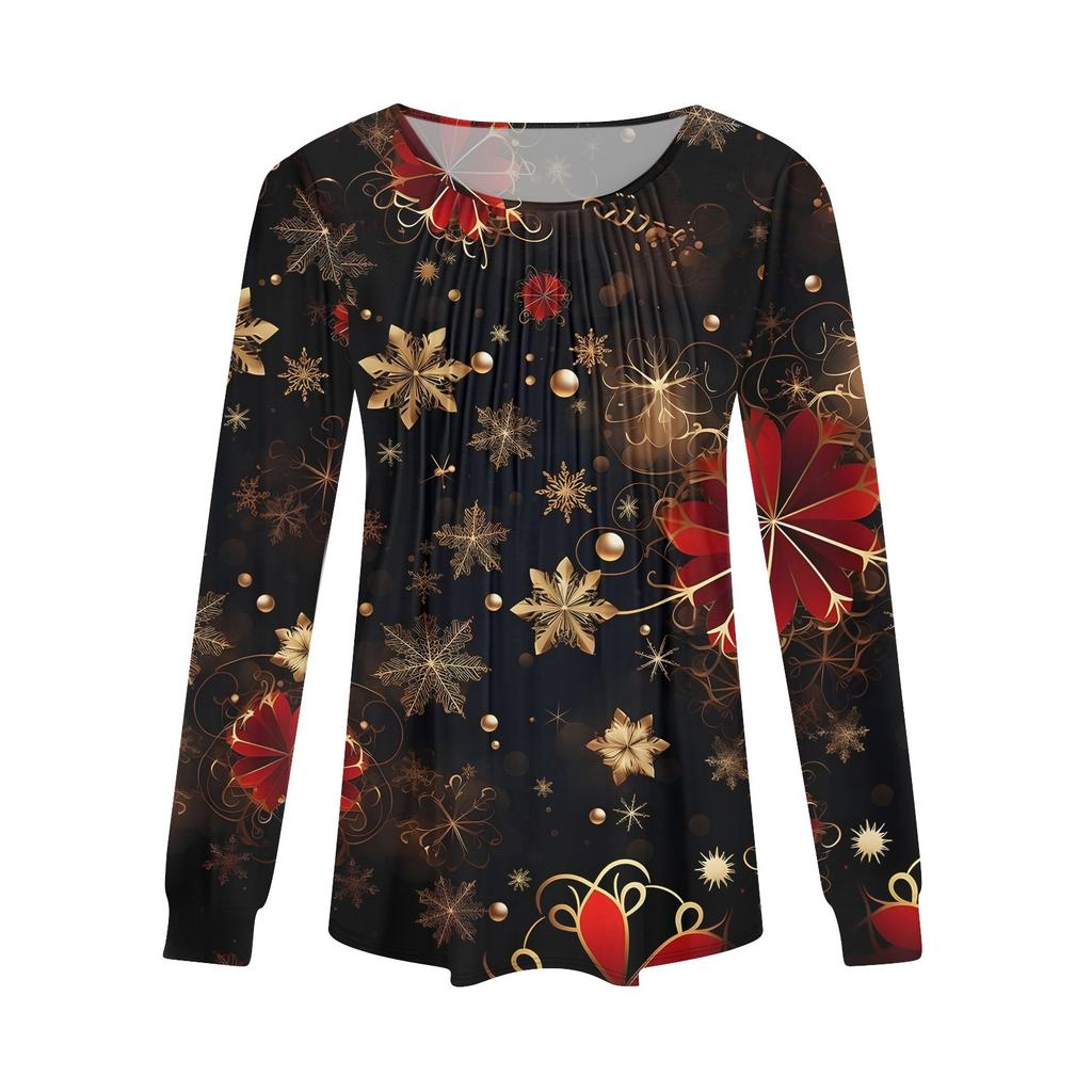 Long Sleeve Shirts For Women Tops Dressy Christmas Print Casual Blouses Pleated Scooped Neck Tunic Tops