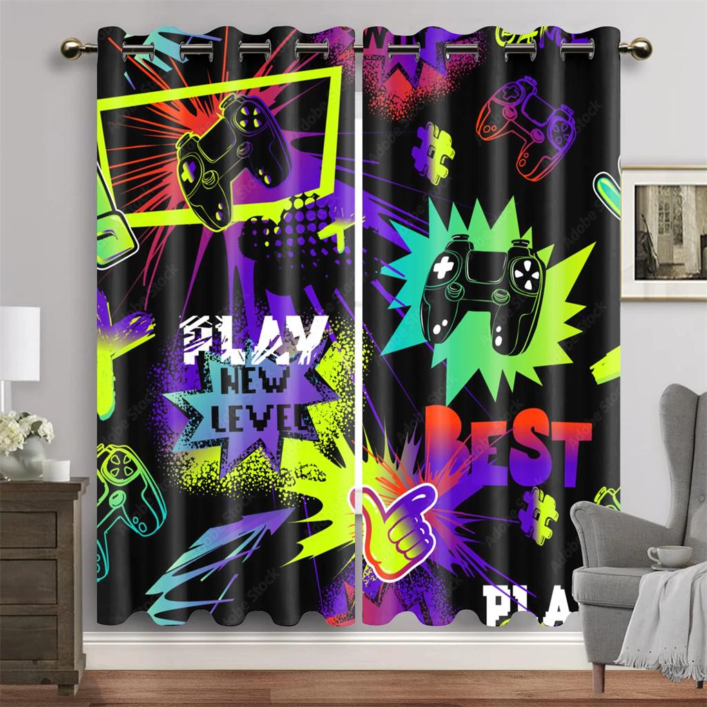 

Мультяшный геймпад переключатель шторы для мальчиков спальня граффити слова видеоигры оконные шторы игровые плееры украшение гостиной W50 X H130(CM)X2&Hook