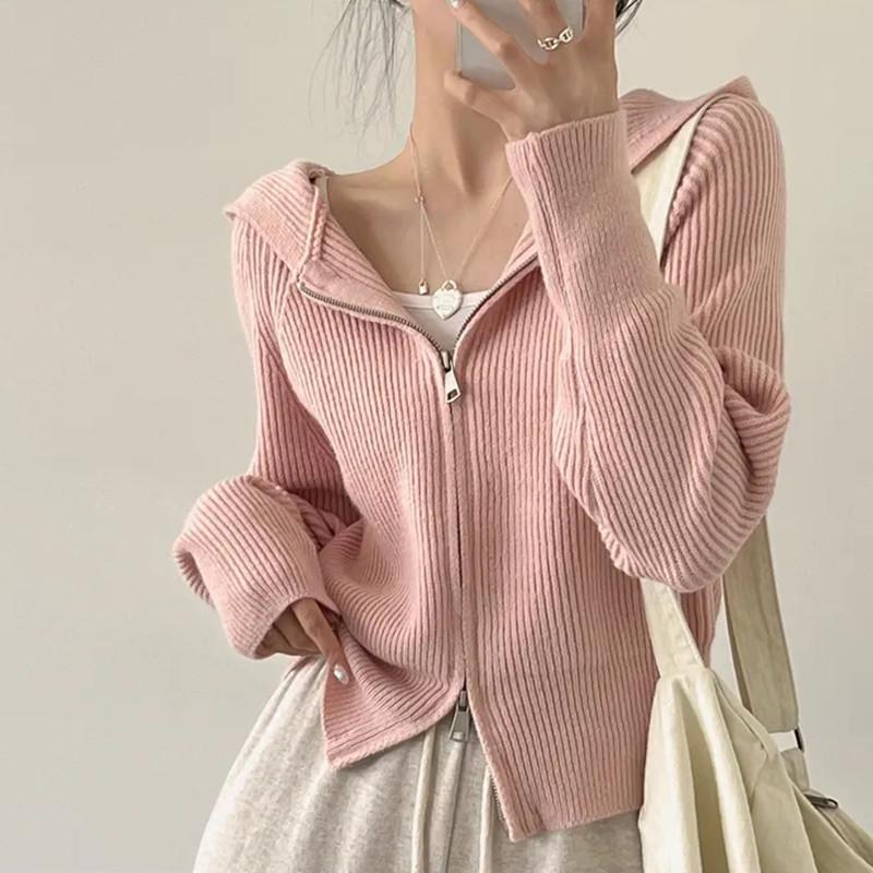 

Осенне-зимний вязаный кардиган с капюшоном, свитер, новая корейская мода, утолщенный дизайн на молнии, свитера для женщин, длинные рукава, свободные пальто, одежда 1950 One Size розовый