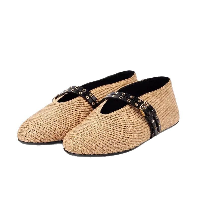 Leather French Straw Double One-Word Band Round Head Shallow Mouth Flat Ballet Single Shoes Women's 2025 Spring Mary Jane Shoes