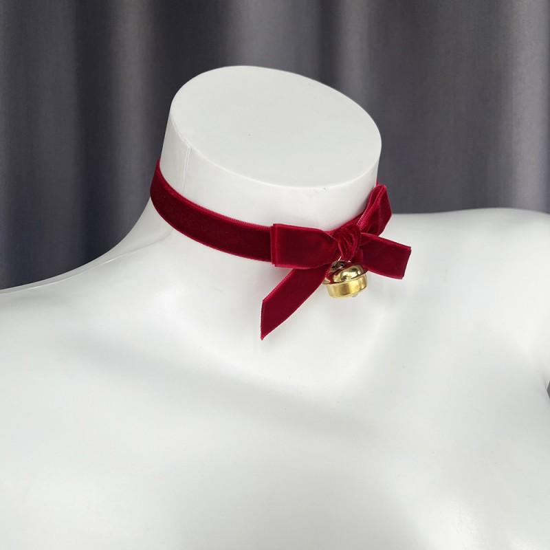 Christmas Bell Choker Necklace Women Fall Winter Red Velvet Bow Collarbone Chain Pure Desire Style