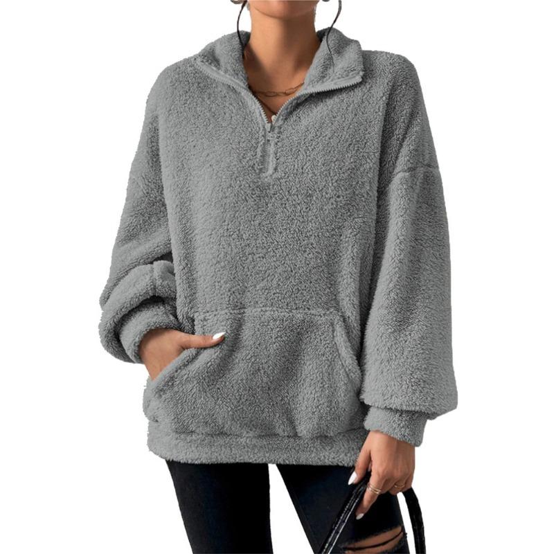 Autumn Winter Woolen Plus Plush Women's Standing Collar Hoodie Casual Top Hoodie