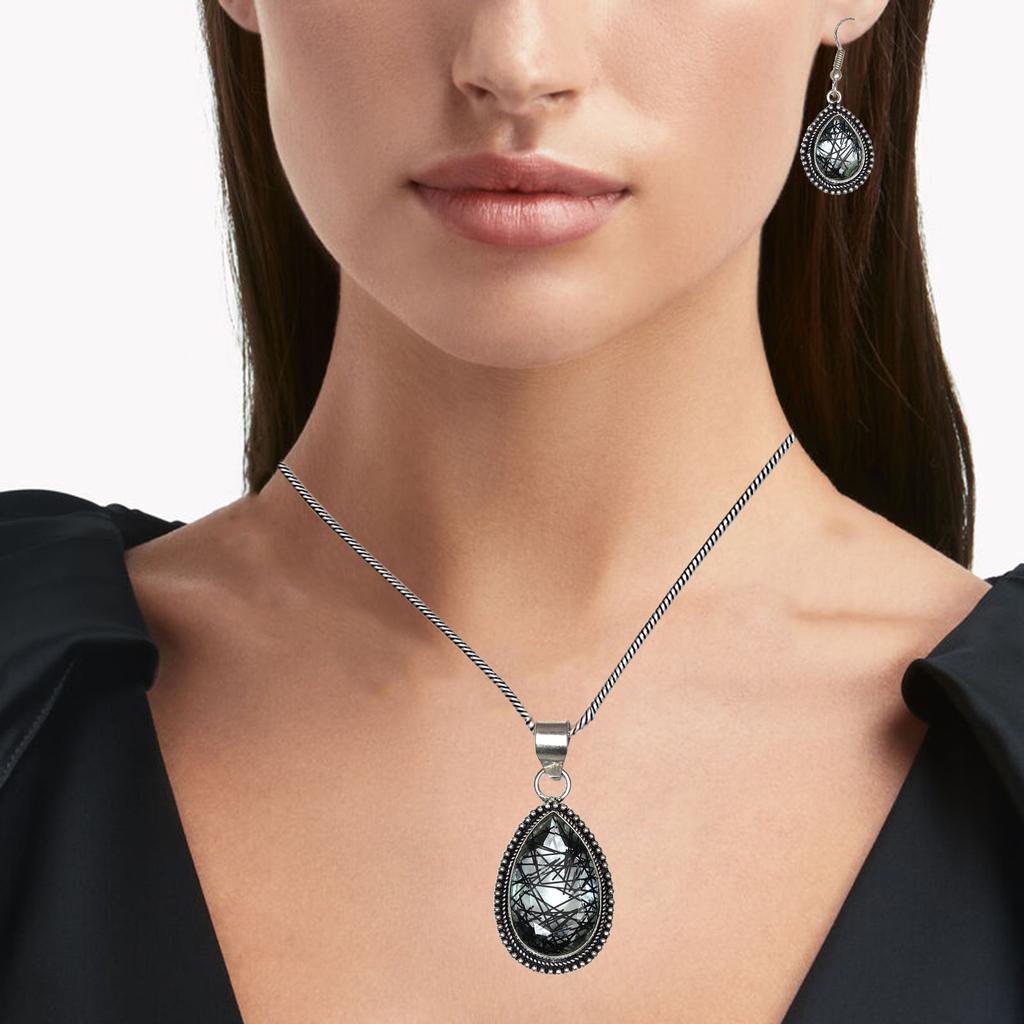 Black Rutile Set  Pendant  Jewelry Earring 18-20'' Gemstone Handmade
