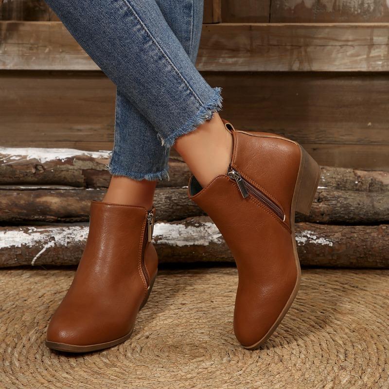2025 New Fashion Retro Women's Fashion Block Heel Booties Fall New Round Toe Side Zipper Soft Slip Single Boots