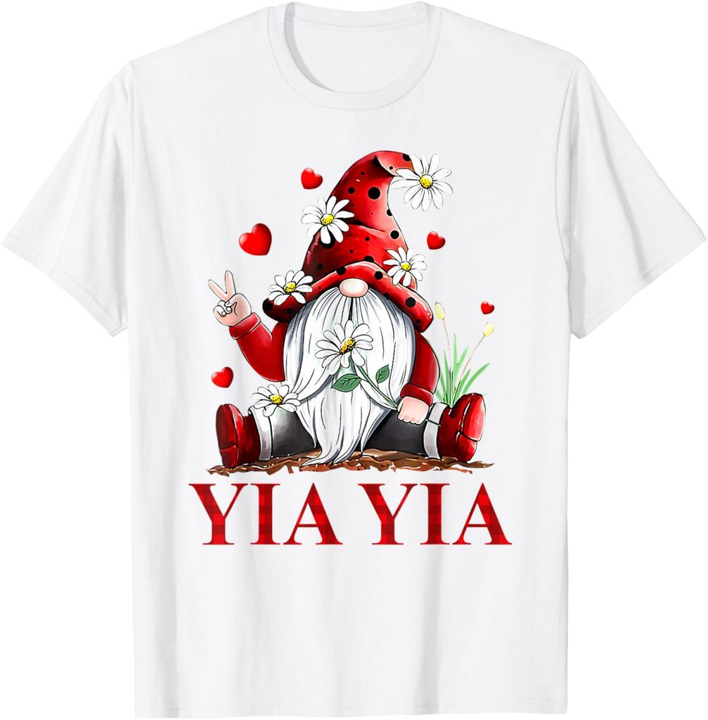Yia Yia Gnome Daisy Peace Sign Love Valentine Matching Graphic Tee Casual Short Sleeve T-Shirt