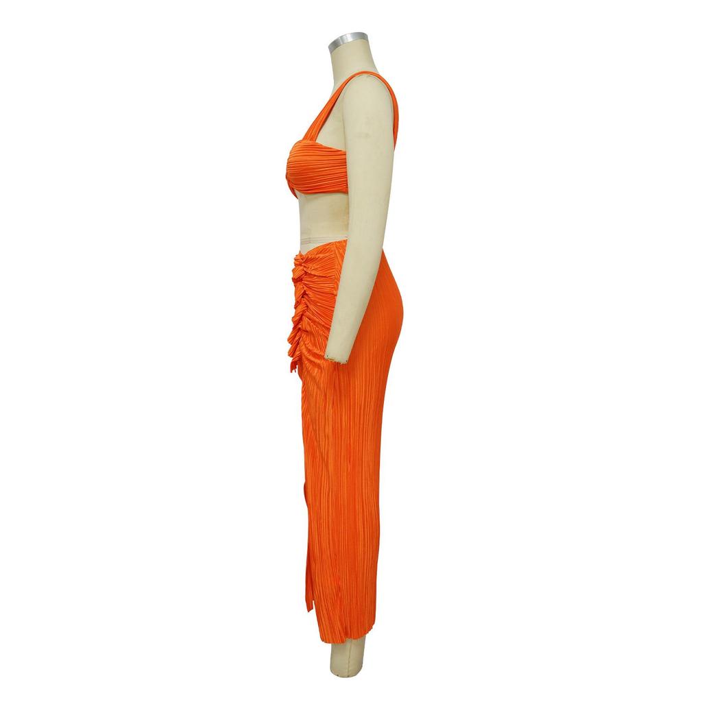 2023 European & American Pleated Backless Camisole and Ruched Skirt Set