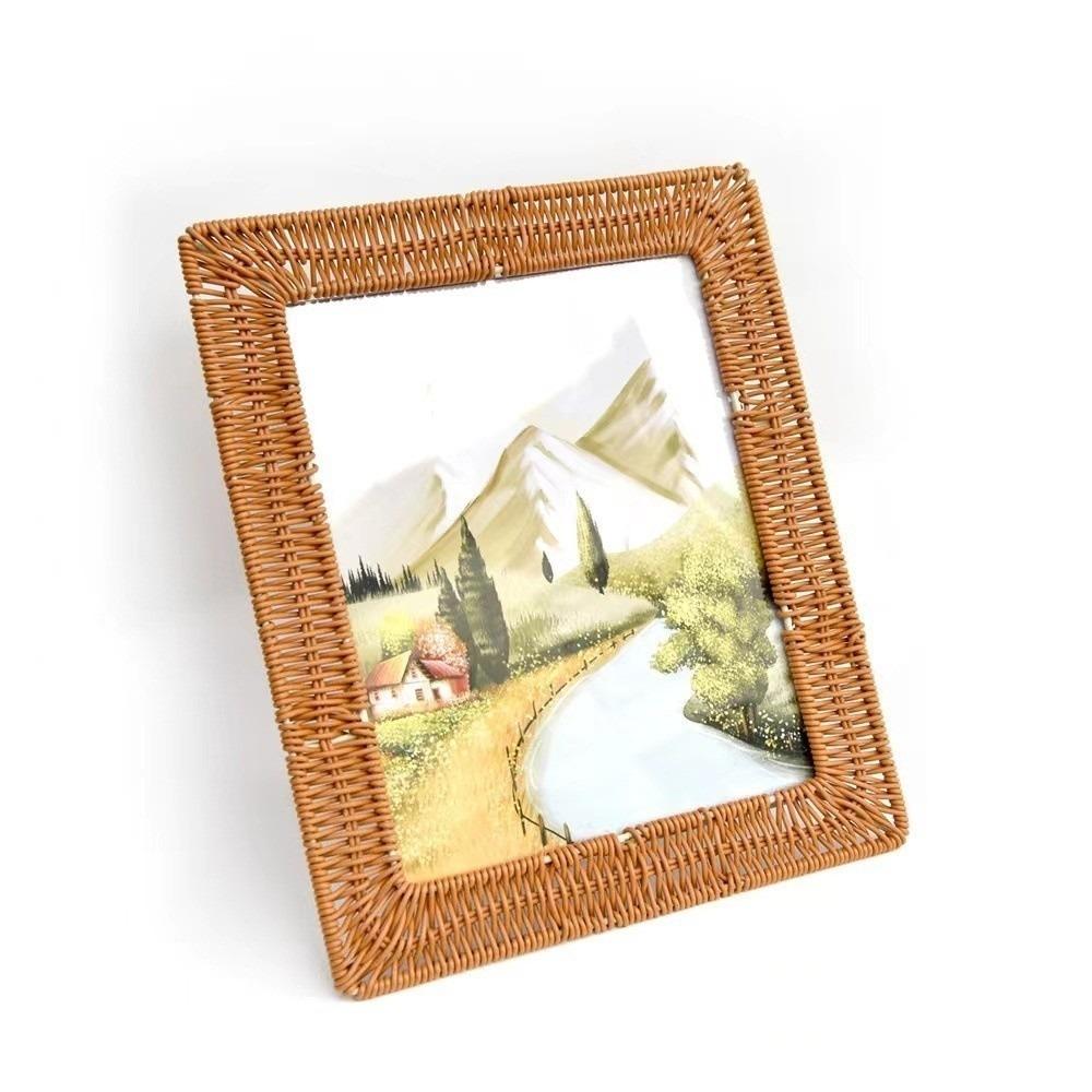 Boho Style Vintage Rattan Photo Frames PP Woven 4x6 Inch Picture Frame Handmade Rustic Charm Wicker Photo Frames Home Decoration