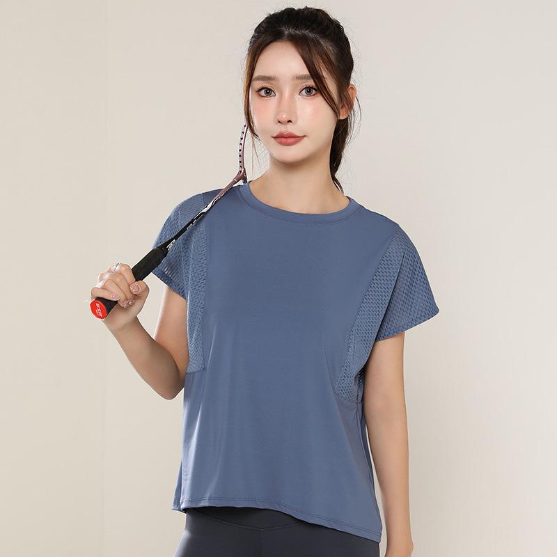 

Женская универсальная утягивающая сетчатая футболка для йоги: Свободный, Повседневный, Летний фитнес-топ с коротким рукавом Large синий