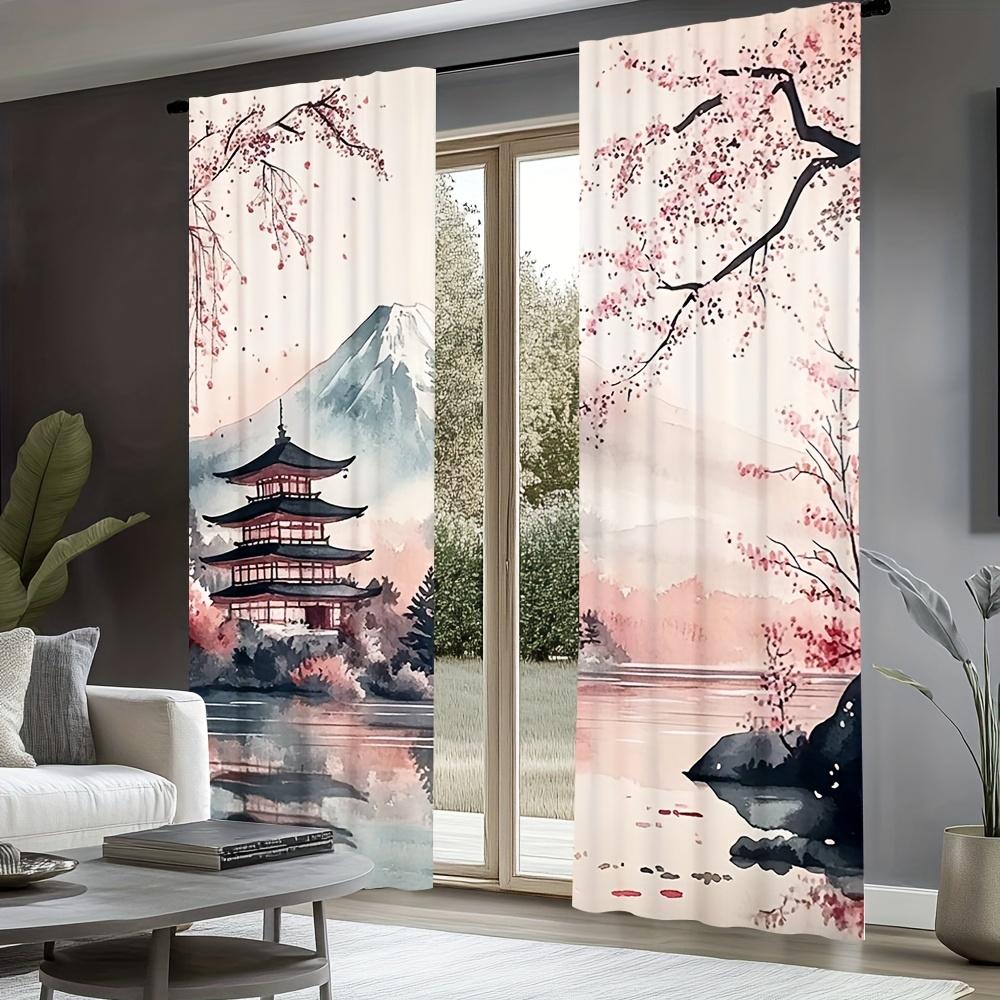 2 szt. Japońskie Zasłony z Motywem Kwitnącej Wiśni i Góry Fuji do Sypialni Salonu Biura Wystroju Domu Design z Tunelami na Drążek