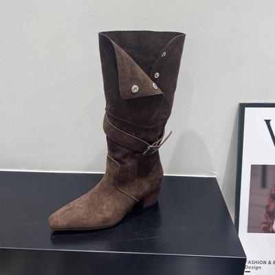 Vintage Women's Mid-calf Boots Autumn Fashion Buckle Strap Pointed Toe Chunky Heel Shoes Height Increase Outdoor Non Slip Boots