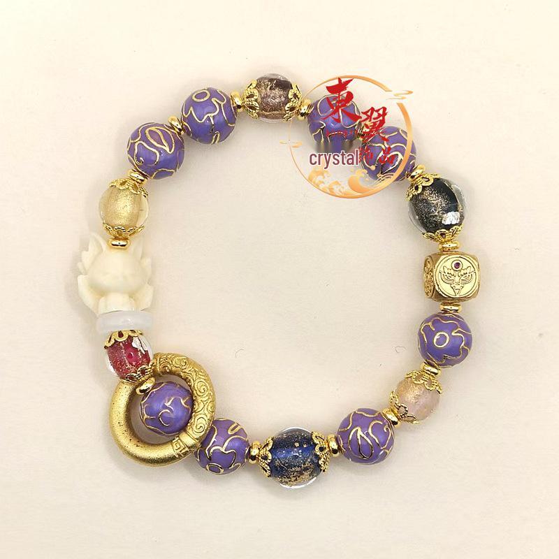 Pink Cloisonné Nine-tailed Fox Bracelet with Gold Leaf and Enamel Beads