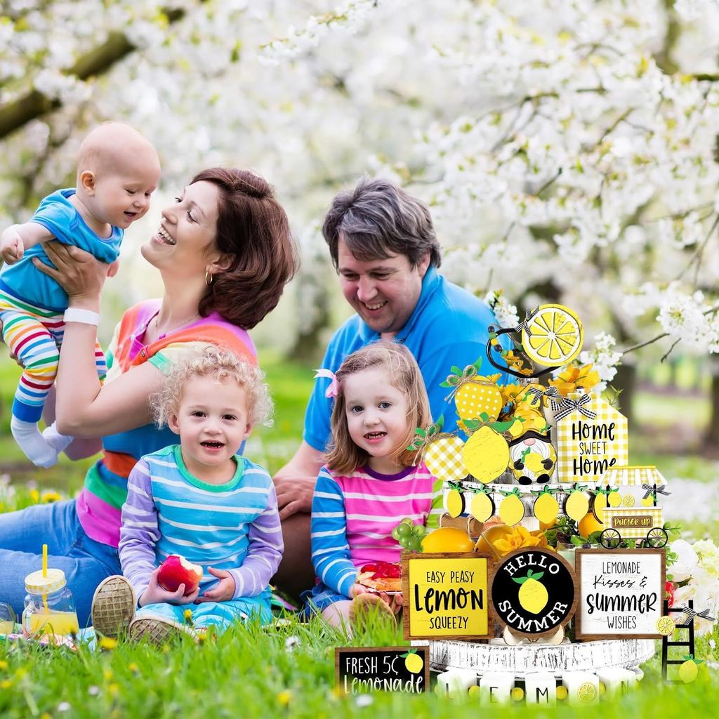 Summer Lemon Tiered Tray Decor Set Wood Sign Rustic Summer Home Table Decor DecoracióN Y Accesorios De Mesa Home Decor