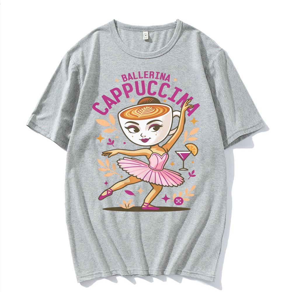 Niedliches Kaffee Ballerina Cappuccina T-Shirt Lustiges Italienisches Brainrot Meme T-Shirts Herren Unisex Übergroßes Mode Rundhals T-Shirt Tops