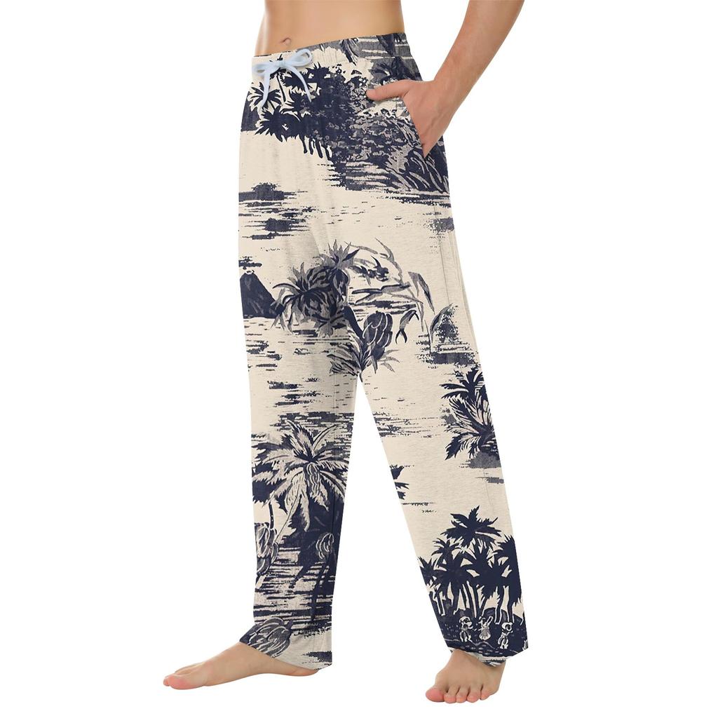 Men's Hawaiian Print Soft Home Pajama Pants Drawstring Casual Sweatpants