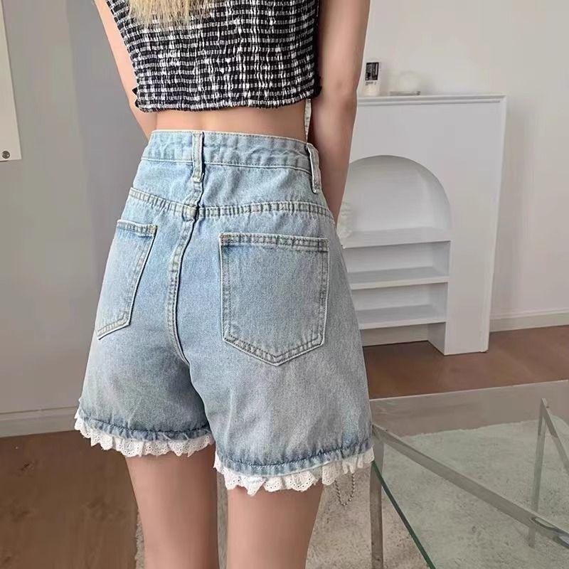 Hot Girl Denim Shorts Summer Sexy Lace Rhinestone High Waist Short Pants