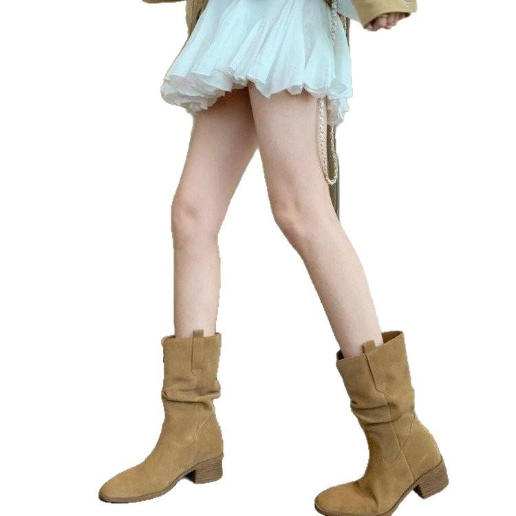 Traubenmutter Studiolee um 8cm~ erhöht runder Kopf V-Ausschnitt dicker Absatz dicke Sohle dünner großer Schaft um den Knöchel Kurzstiefel Damen