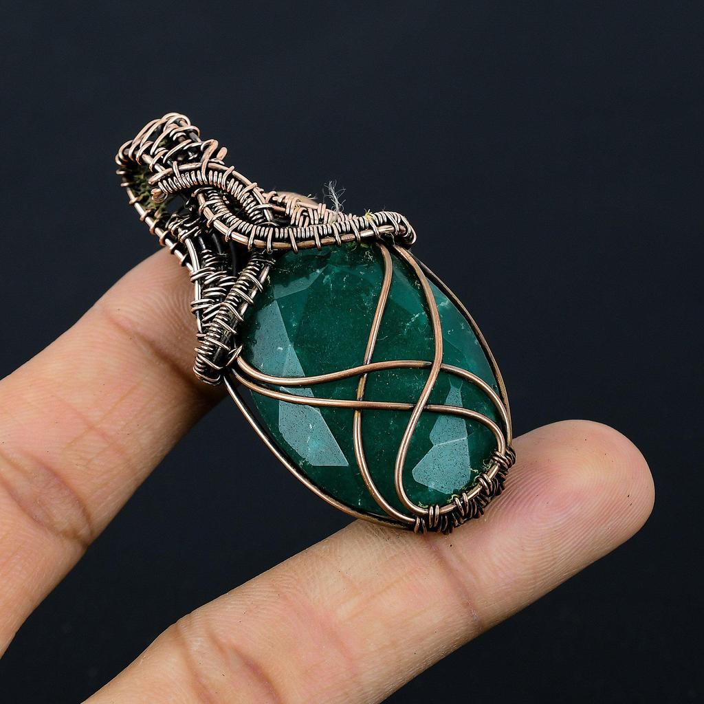 Emerald Pendant, 999 Copper Wire Wrapped Pendant Gemstone Jewelry, Handmade Pendant Amazing Jewelry, Gift For Her