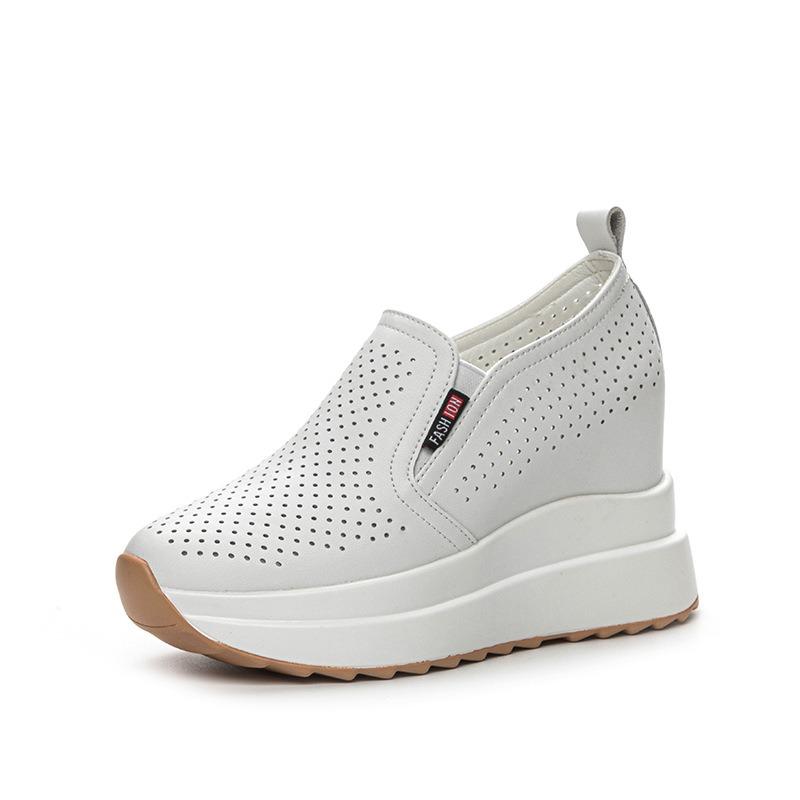 Frühlingsdamenschuhe neu leicht innenhöher lässige kleine weiße Schuhe Keilabsatz Muffin dick Belüftungsloch Mode Damenschuhe