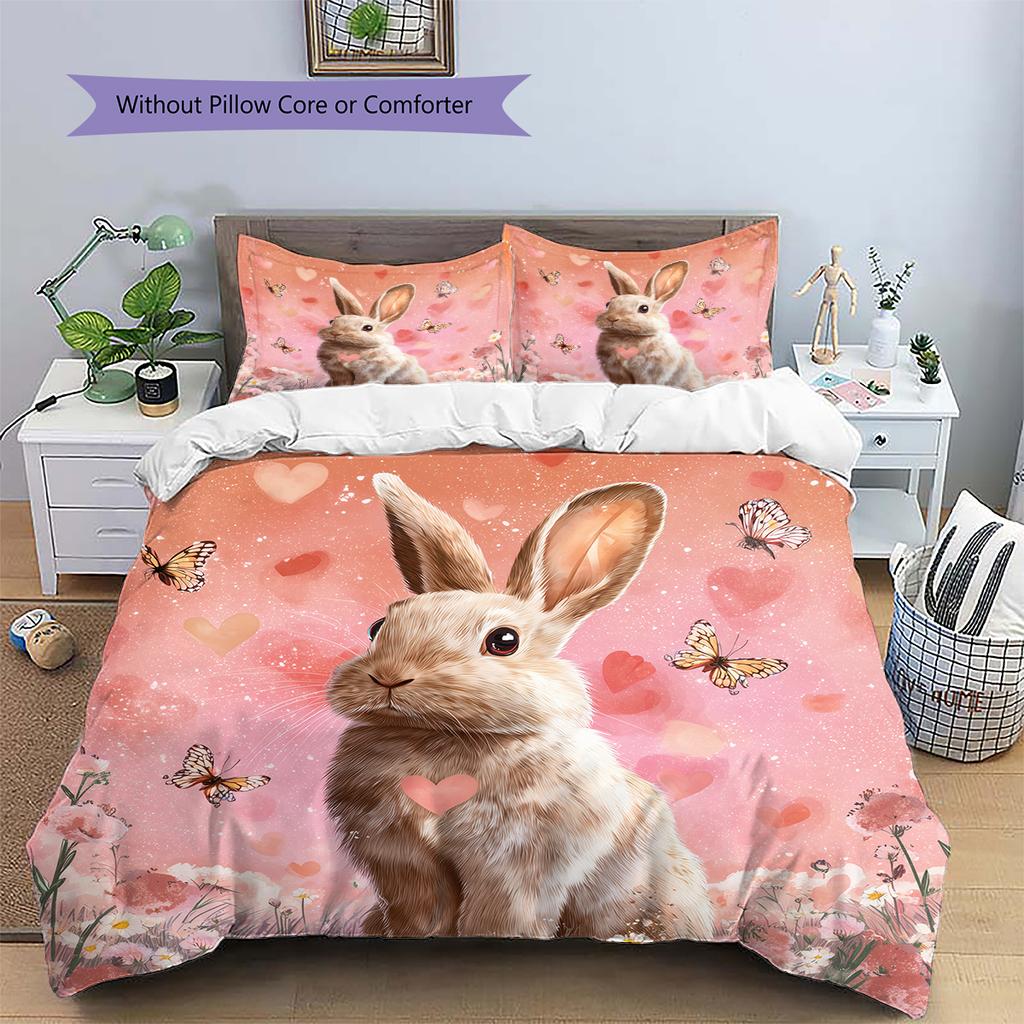 Kaninchen und Blumen Muster Bettwäsche Heimdekoration Geburtstagsgeschenk (1 Bettbezug + 2 Kissenbezüge, ohne Füllung)