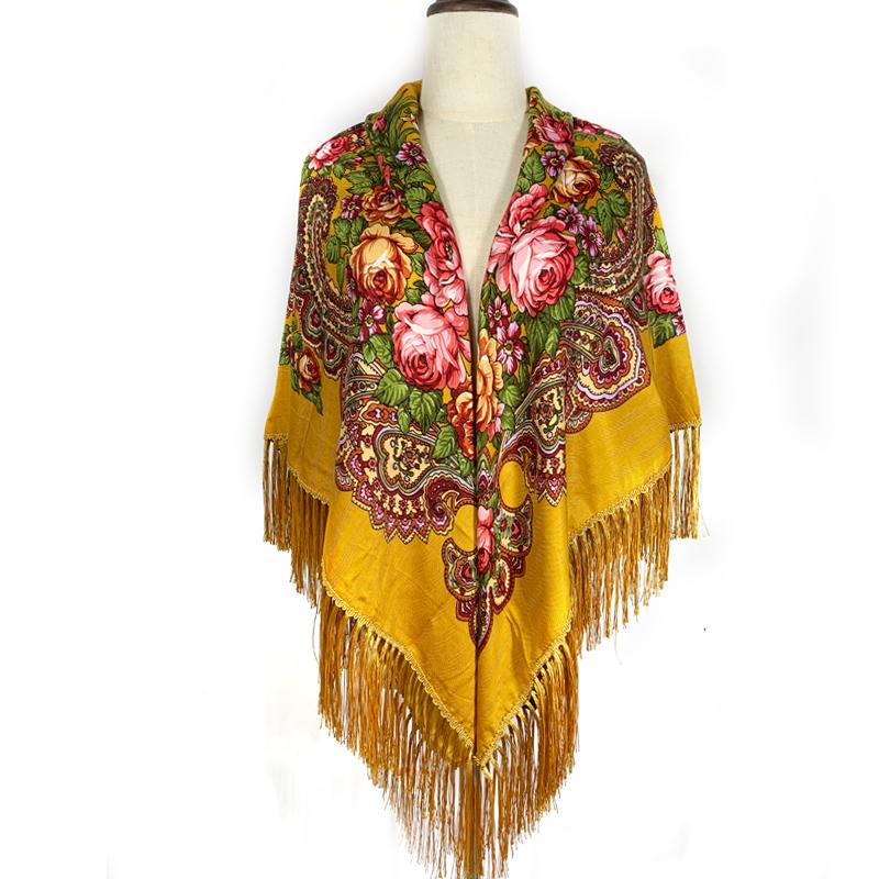 135*135Cm Women Russian Square Scarf Luxury Floral Print Bandana Scarves Babushka Handkerchief Fringed Blanket Shawl Head Wraps