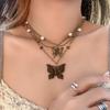 Multilayer Butterfly Pearl  Necklace Beaded Vintage Metal Choker Retro Chain Tassel Necklace  Women