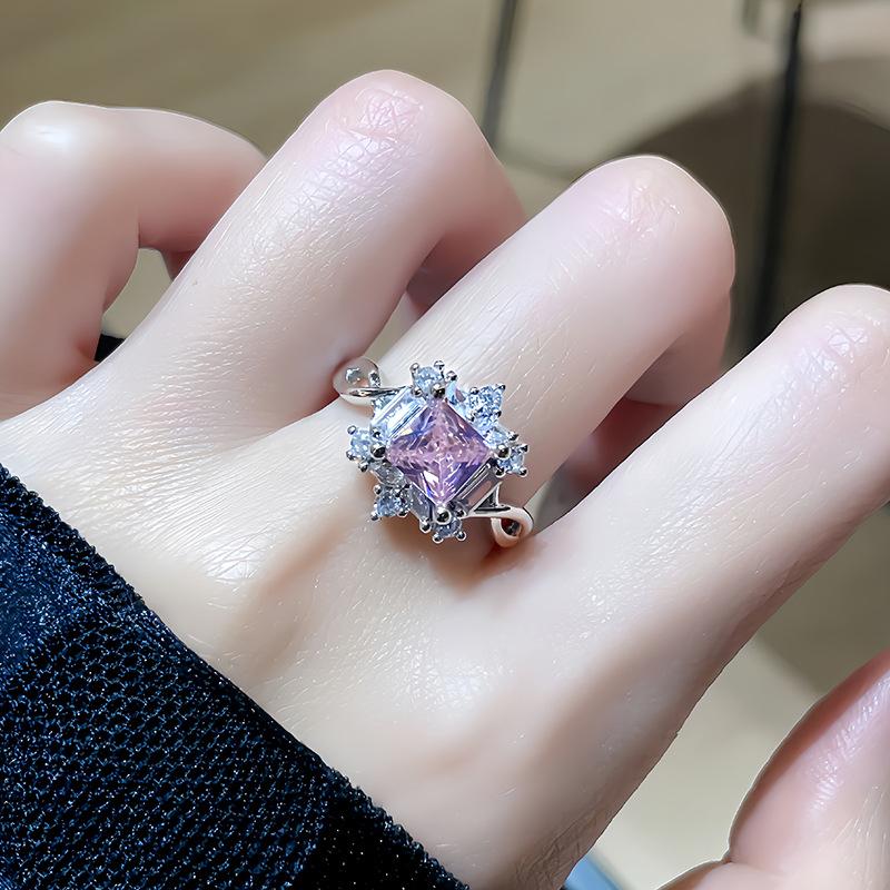 Sweet And Cool Wind Series Pink Zircon Colored Treasure Open Ring Light Luxury High Sense Personalized Flower Ring Woman