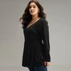 European and American large-size women's clothing autumn and winter waist ruffle edge sexy v-neck solid color long-sleeved t-shirt temperament top