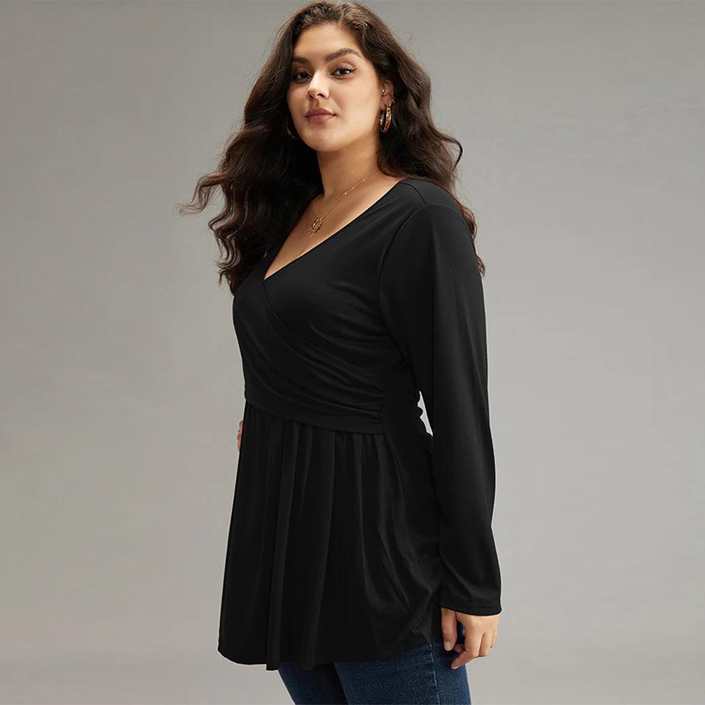 European and American large-size women's clothing autumn and winter waist ruffle edge sexy v-neck solid color long-sleeved t-shirt temperament top