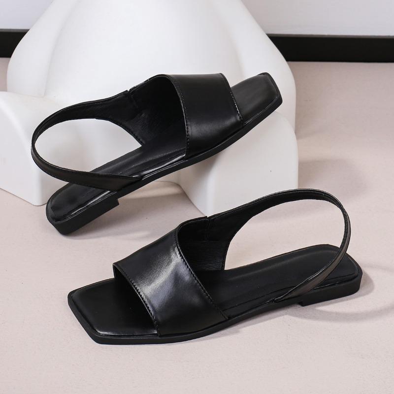 Fashion Summer New Retro Flat Sandals for Women Square Head Open Toe Side Hollow One-strap Soft Bottom Non-slip Roman Shoes