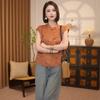 Womens Multicolor Qipao Blouse Casual Mandarin Collar Frog Button Traditional Pattern Cap Sleeve Top