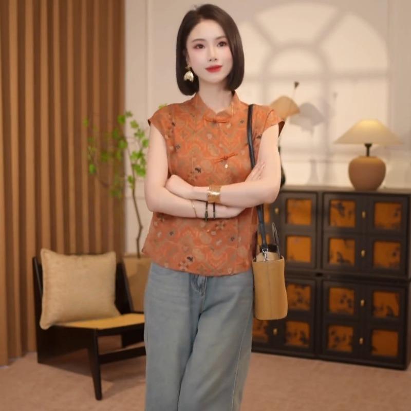 Womens Multicolor Qipao Blouse Casual Mandarin Collar Frog Button Traditional Pattern Cap Sleeve Top