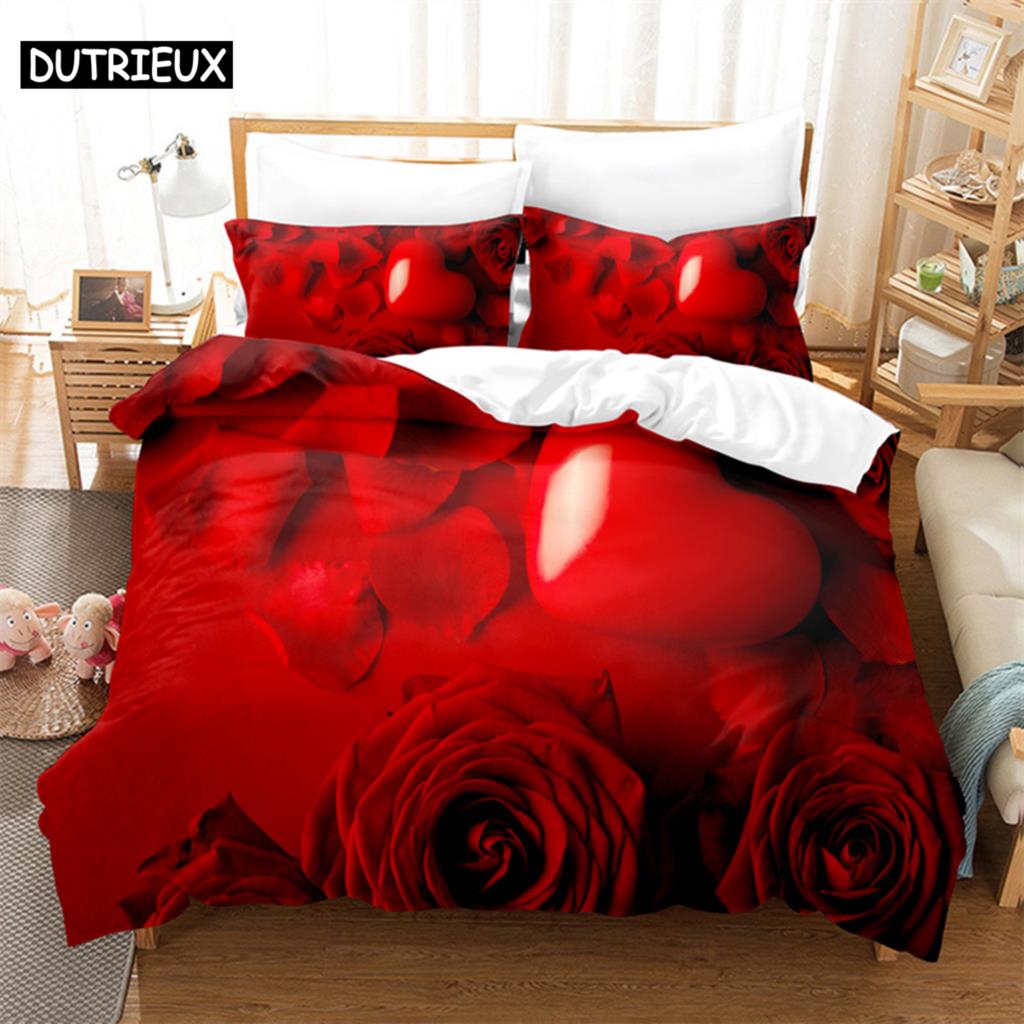 3D potisk červené růže - 3dílná sada povlaku na přikrývku, k dispozici ve velikostech King, Queen, Full, Single & Double