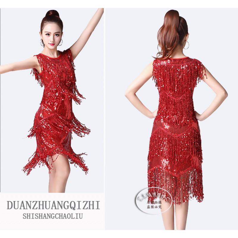 Vestido de Baile con Flecos de Lentejuelas Traje de Actuación en Escenario Latino Eventos de Fiesta