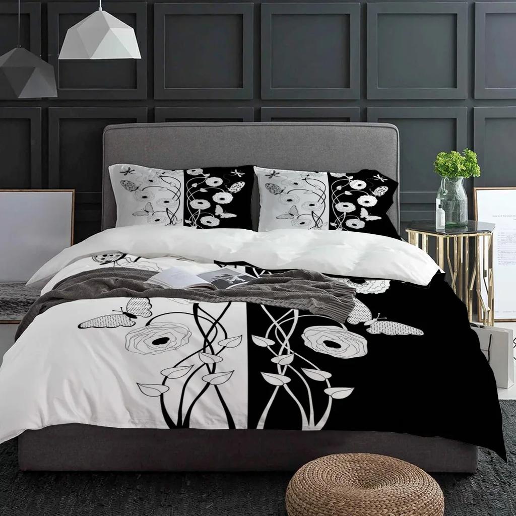 Black And White Flower Dragonfly Butterfly Bedding Set 3pcs Duvet Cover Pillowcase Quilt Cover Double Bed Set Home Textile