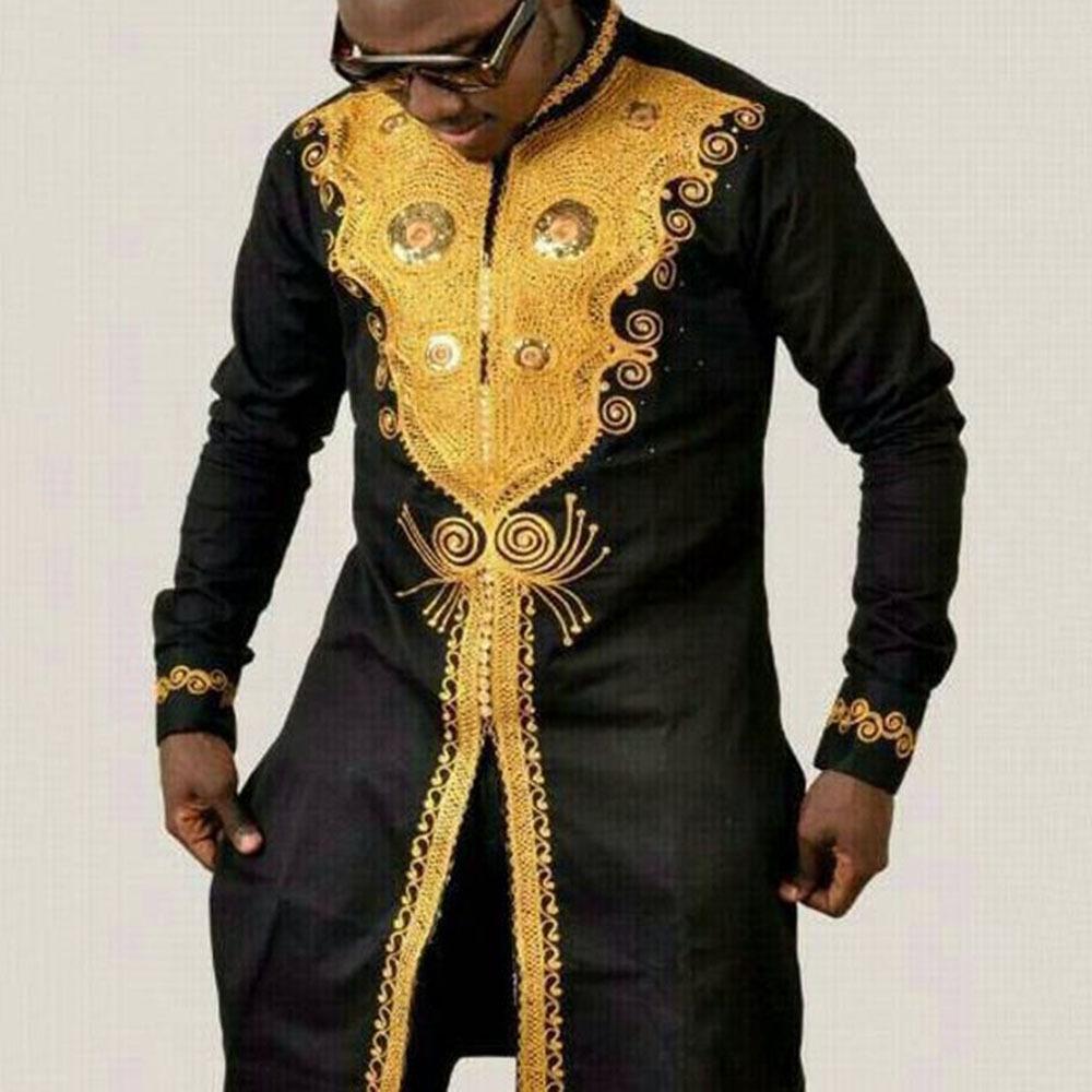 

2021 Cross-border African Style Plus Size Shirt with Golden Print and Side Slit Large чёрный