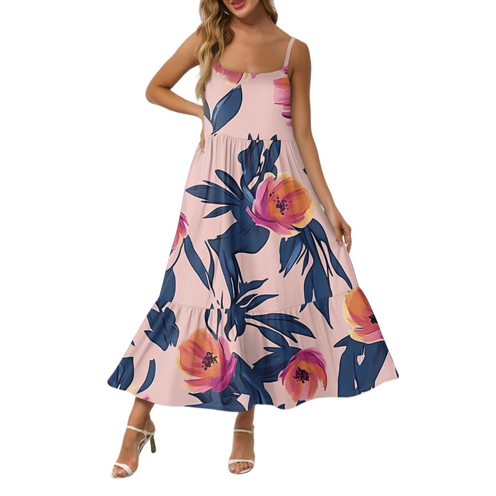 Women's Long Beach Casual Elegant Spaghetti Strap Maxi Dress Stitching Low-key Flowing Bohemian Dress