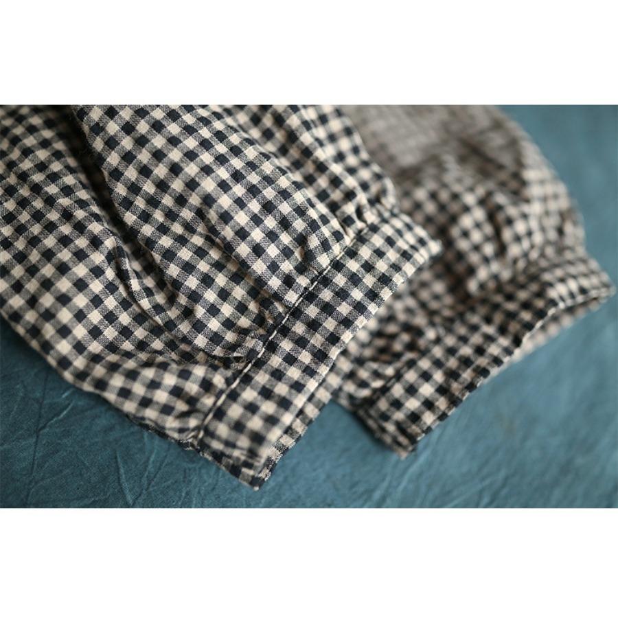 Camicia a Scacchi da Donna Manica Lunga Artistica Retro Casual Larga Plus Pizzo Gancio Fiore Patchwork Cotone Lino