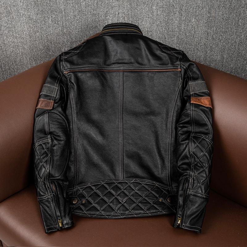 Men Genuine Leather Jacket Heavyweight Cowhide Biker Coat Stand Collar Stylish Casual Outerwear with Armor Pockets