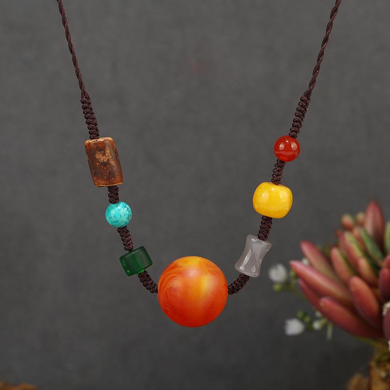 Retro New Chinese Wooden Bamboo Necklace Niche Design Beeswax Agate Pendant Collarbone Chain Women's Literary Accessories