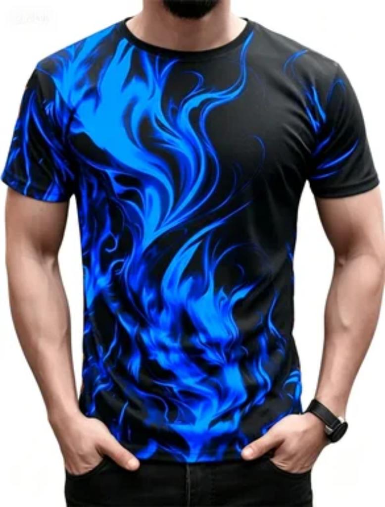Fashionable Men's Trendy Short Sleeved Flame Series 3D Printed Street T-shirt Round Neck Casual Top