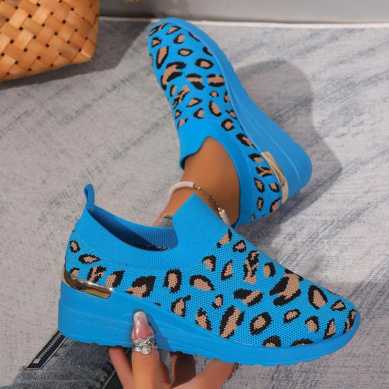 Fashion Leopard Print Knitted Wedge Sneakers for Women Lightweight Slip On Running Shoes Woman Soft Sole Comfortable Casual Shoes 37-44